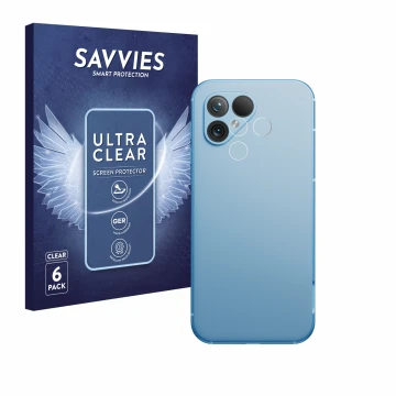 Front side of a product packaging with the brand logo Savvies. Next to it is the device Fairphone 5 (ONLY Camera Lens) shown w