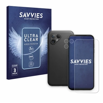 Front side of a product packaging with the brand logo Savvies. Next to it is the device Fairphone 5 (Front+Camera) shown with 