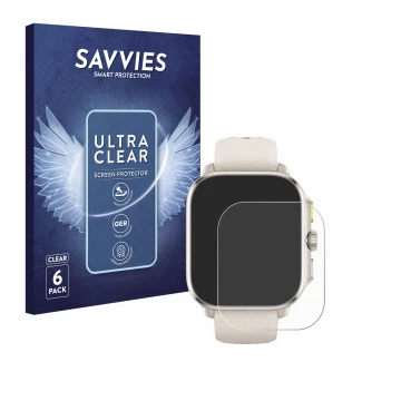 Front side of a product packaging with the brand logo Savvies. Next to it is the device Huami Amazfit Cheetah (Square) shown w