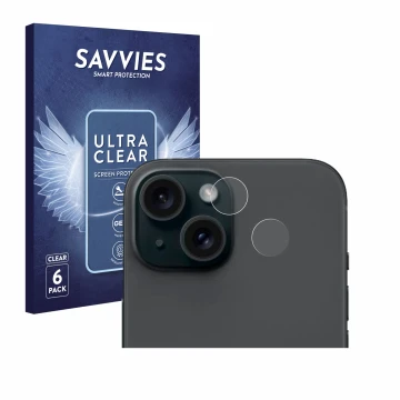Front side of a product packaging with the brand logo Savvies. Next to it is the device Apple iPhone 15 (ONLY Camera Lens) sho