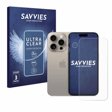Front side of a product packaging with the brand logo Savvies. Next to it is the device Apple iPhone 15 Pro (Front+Camera) sho