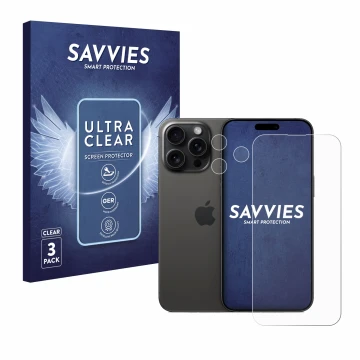 Front side of a product packaging with the brand logo Savvies. Next to it is the device Apple iPhone 15 Pro Max (Front+Camera)