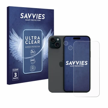 Front side of a product packaging with the brand logo Savvies. Next to it is the device Apple iPhone 15 Plus (Front+Camera) sh