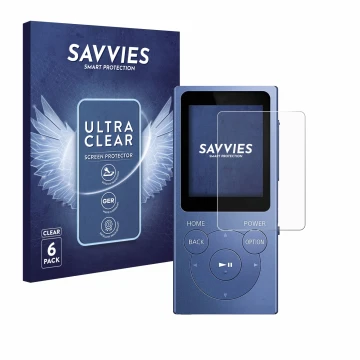 Front side of a product packaging with the brand logo Savvies. Next to it is the device Sony Walkman NW-E394 shown with the co