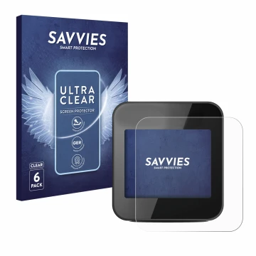 Front side of a product packaging with the brand logo Savvies. Next to it is the device Cycplus GPS G1 shown with the correspo