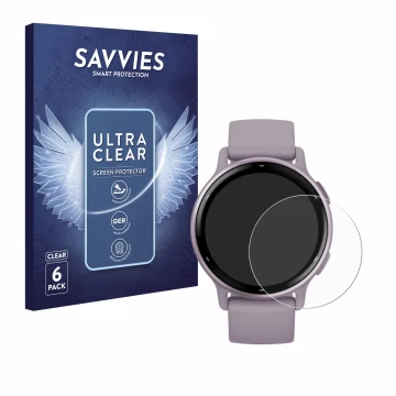 Front side of a product packaging with the brand logo Savvies. Next to it is the device Garmin vivoactive 5 shown with the cor