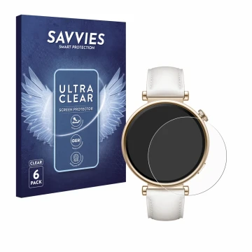 Front side of a product packaging with the brand logo Savvies. Next to it is the device Huawei Watch GT 4 (41mm) shown with th