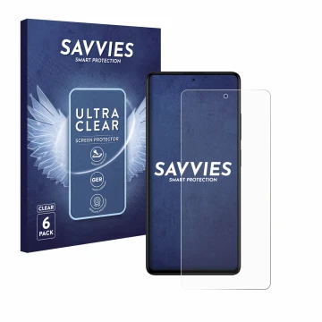 Front side of a product packaging with the brand logo Savvies. Next to it is the device Xiaomi Redmi Note 12 Pro+ shown with t
