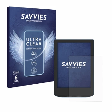 Front side of a product packaging with the brand logo Savvies. Next to it is the device PocketBook Verse Pro shown with the co