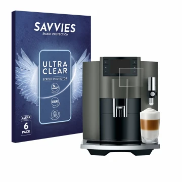 Front side of a product packaging with the brand logo Savvies. Next to it is the device Jura E8 (EC) shown with the correspond
