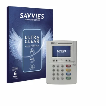 Front side of a product packaging with the brand logo Savvies. Next to it is the device ingenico eHealth ORGA Neo 6141 shown w