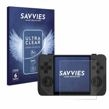 Front side of a product packaging with the brand logo Savvies. Next to it is the device Powkiddy RGB30 shown with the correspo