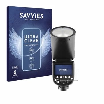 Front side of a product packaging with the brand logo Savvies. Next to it is the device Godox V1 shown with the corresponding 
