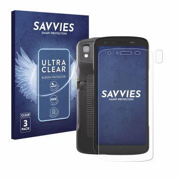 Front side of a product packaging with the brand logo Savvies. Next to it is the device Zebra TC27 (Front+Camera) shown with t