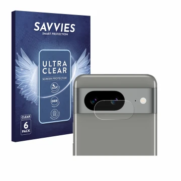 Front side of a product packaging with the brand logo Savvies. Next to it is the device Google Pixel 8 (ONLY Camera Lens) show