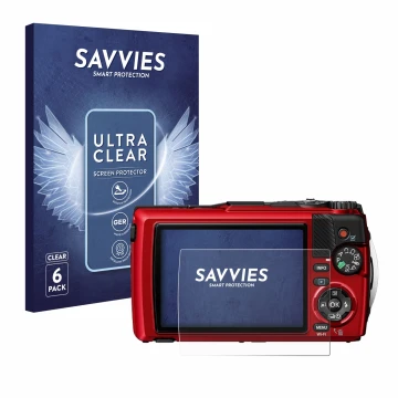 Front side of a product packaging with the brand logo Savvies. Next to it is the device Olympus OM System Tough TG-7 shown wit