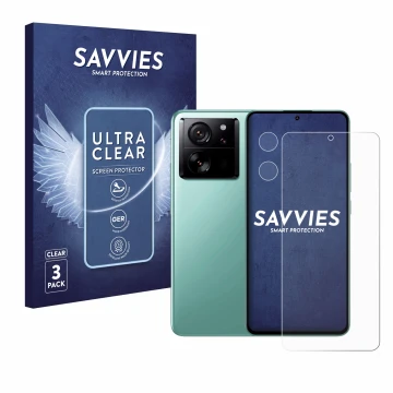 Front side of a product packaging with the brand logo Savvies. Next to it is the device Xiaomi 13T (Front+Camera) shown with t