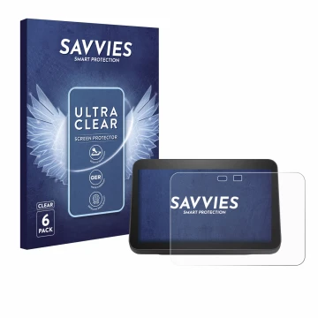 Front side of a product packaging with the brand logo Savvies. Next to it is the device Amazon Echo Show 8 2023 (3th Gen.) sho
