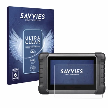 Front side of a product packaging with the brand logo Savvies. Next to it is the device Autel MaxiCheck MX808s shown with the 