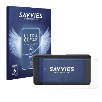 Front side of a product packaging with the brand logo Savvies. Next to it is the device BMW ConnectedRide Navigator shown with