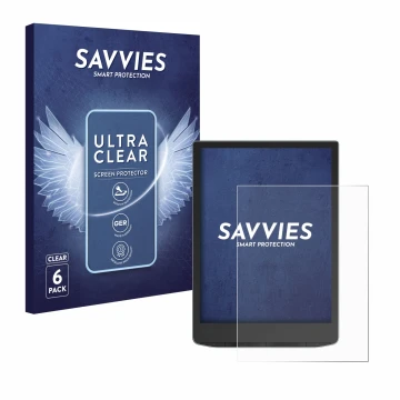 Front side of a product packaging with the brand logo Savvies. Next to it is the device PocketBook InkPad Color 3 shown with t