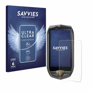 Front side of a product packaging with the brand logo Savvies. Next to it is the device Oukitel K16 shown with the correspondi