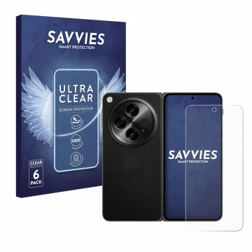 Front side of a product packaging with the brand logo Savvies. Next to it is the device OnePlus Open shown with the correspond