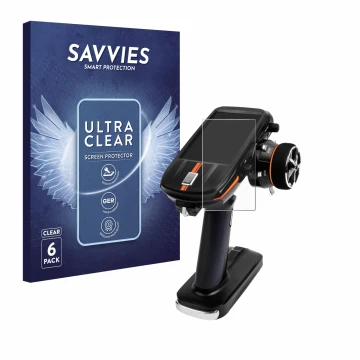Front side of a product packaging with the brand logo Savvies. Next to it is the device RadioLink RC8X shown with the correspo