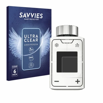 Front side of a product packaging with the brand logo Savvies. Next to it is the device AVM FRITZ!DECT 302 shown with the corr