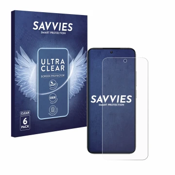 Front side of a product packaging with the brand logo Savvies. Next to it is the device Xiaomi 14 shown with the corresponding
