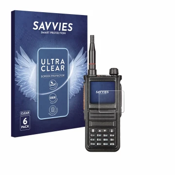 Front side of a product packaging with the brand logo Savvies. Next to it is the device Radtel RT-470X shown with the correspo