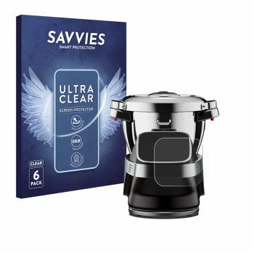 Front side of a product packaging with the brand logo Savvies. Next to it is the device WMF Avantgarde shown with the correspo