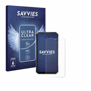 Front side of a product packaging with the brand logo Savvies. Next to it is the device Oukitel WP30 Pro shown with the corres