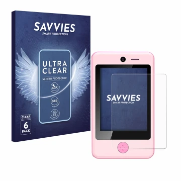 Front side of a product packaging with the brand logo Savvies. Next to it is the device Pthtechus Children’s Smartphone shown 