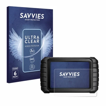 Front side of a product packaging with the brand logo Savvies. Next to it is the device iCarsoft CR Max shown with the corresp