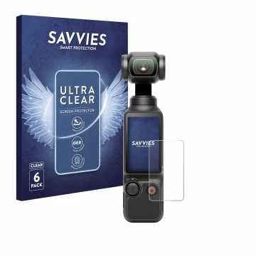 Front side of a product packaging with the brand logo Savvies. Next to it is the device DJI Osmo Pocket 3 shown with the corre