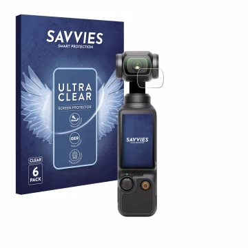 Front side of a product packaging with the brand logo Savvies. Next to it is the device DJI Osmo Pocket 3 (Lens) shown with th