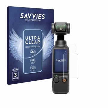 Front side of a product packaging with the brand logo Savvies. Next to it is the device DJI Osmo Pocket 3 (Display + Lens) sho