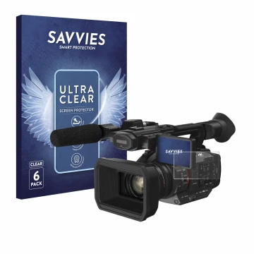 Front side of a product packaging with the brand logo Savvies. Next to it is the device Panasonic HC-X2 shown with the corresp