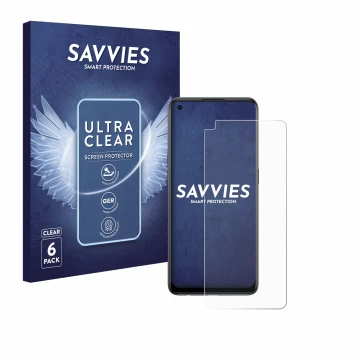 Front side of a product packaging with the brand logo Savvies. Next to it is the device Oppo Reno 8T shown with the correspond