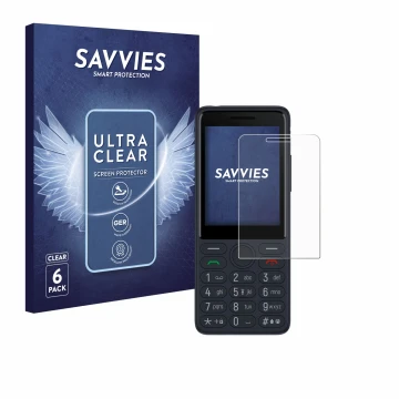Front side of a product packaging with the brand logo Savvies. Next to it is the device TCL Onetouch 4022s shown with the corr
