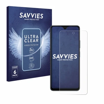 Front side of a product packaging with the brand logo Savvies. Next to it is the device Blackview Oscal Tiger 12 shown with th