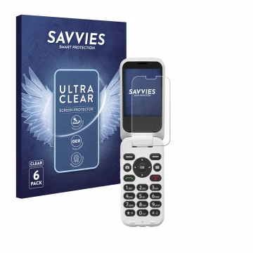 Front side of a product packaging with the brand logo Savvies. Next to it is the device Doro 6820 shown with the corresponding