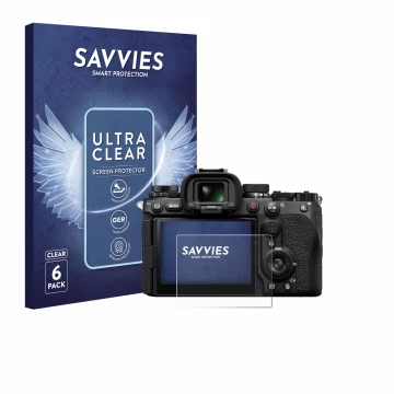 Front side of a product packaging with the brand logo Savvies. Next to it is the device Sony Alpha 9 III shown with the corres