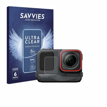 Front side of a product packaging with the brand logo Savvies. Next to it is the device Insta360 Ace Pro (Front display) shown
