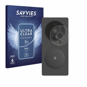 Front side of a product packaging with the brand logo Savvies. Next to it is the device Aqara SVD-KIT1 (Smart video doorbell G