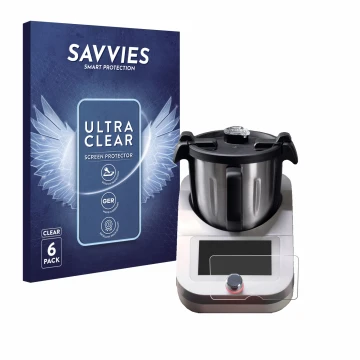 Front side of a product packaging with the brand logo Savvies. Next to it is the device Ufesa TotalChef RK7 shown with the cor