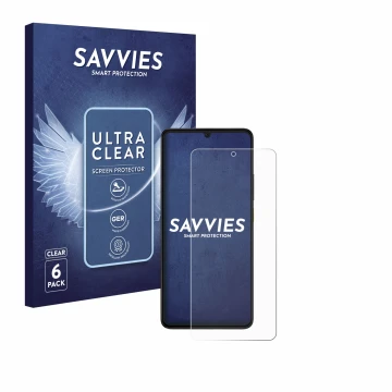 Front side of a product packaging with the brand logo Savvies. Next to it is the device Xiaomi Poco X6 Pro shown with the corr