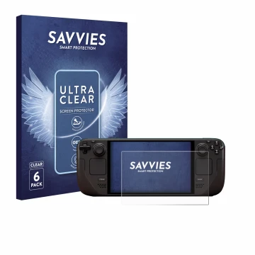 Front side of a product packaging with the brand logo Savvies. Next to it is the device Valve Steam Deck OLED shown with the c