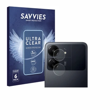 Front side of a product packaging with the brand logo Savvies. Next to it is the device Xiaomi Poco C65 (ONLY Camera Lens) sho